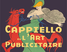 Affiche de l'exposition Cappiello. Une femme vêtue d'une robe verte monte un cheval rouge.