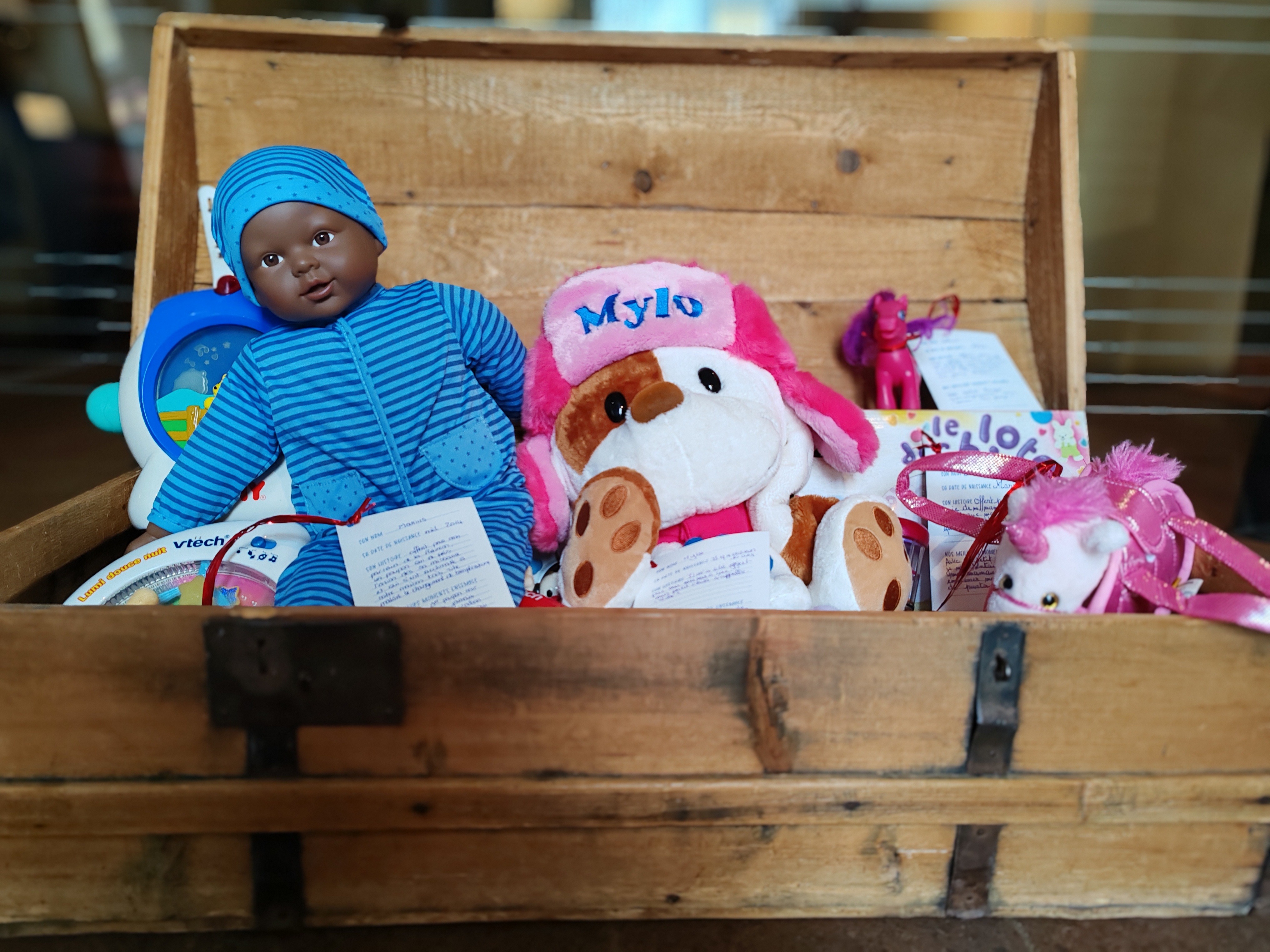 coffre à jouets en bois avec peluches et jouets à l'intérieur