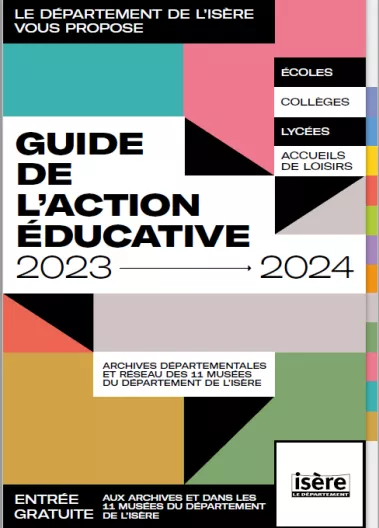 couverture du guide de l'action éducative 2023-24 (titre et éléments graphiques aux colleurs des musées)