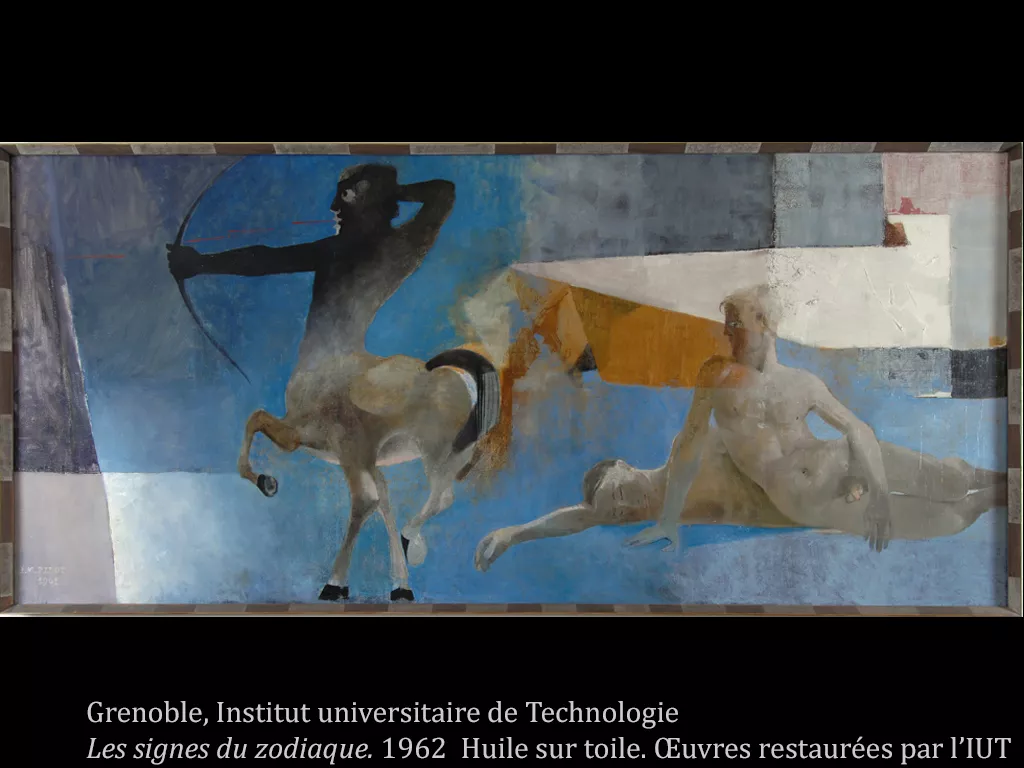 Les signes du zodiaque, Institut universitaire de Technologie, 1962, Arcabas Arcabas représente deux signes du zodiaque : les gémeaux et le sagittaire