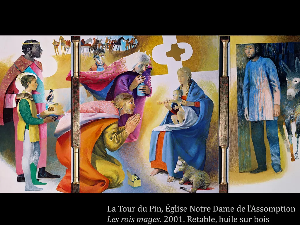 Adoration des Mages Les Mages apportent des présents à Jésus, assis sur les genoux de Marie