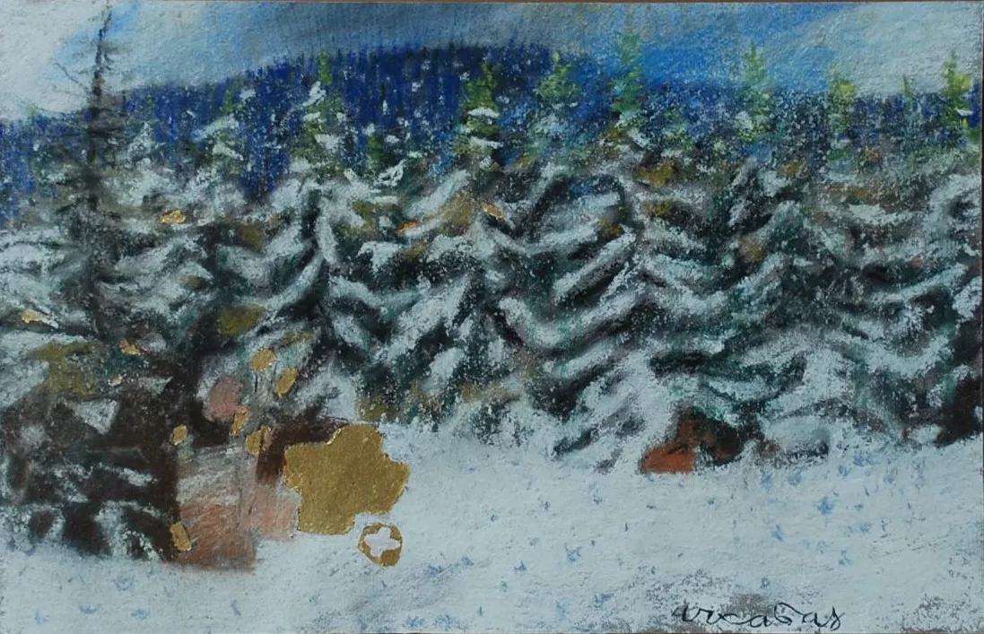 Première neige Arcabas représente une fôret de sapin enneigée