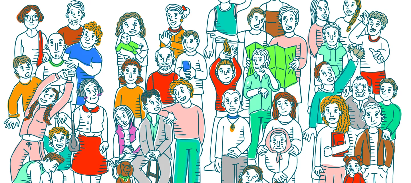 Dessin d'une foule colorée extraite de l'exposition Une histoire juive