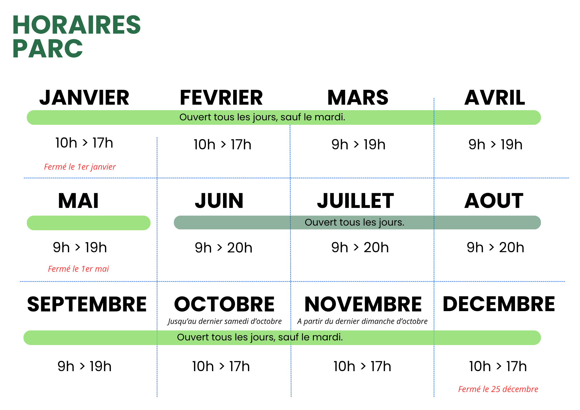 Horaires parc :  De septembre au dernier samedi d’octobre : ouvert tous les jours, sauf le mardi, de 9h à 19h.  Du dernier dimanche d’octobre  à février : ouvert tous les jours, sauf le mardi, de 10h à 17h. Parc fermé le 25 décembre et le 1er janvier.  De mars à mai&nbsp;: ouvert tous les jours, sauf le mardi, de 9h à 19h. Parc fermé le 1er mai.  De juin à août : ouvert tous les jours de 9h à 20h.