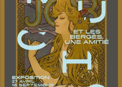Affiche de l'exposition temporaire. Cette affiche reprend une affiche qu'Alfons Mucha avait créée en 1900. Une femme aux longs cheveux blonds est vue de profil et l'inscription JOB apparaît à l'arrière-plan.  Les lettres M U C H A bleues claires sont disposées en vertical, entrelacées dans les cheveux ondulants. Les dates de l'exposition sont présentes en bas de l'affiche. © Maison Bergès-Musée de la Houille blanche