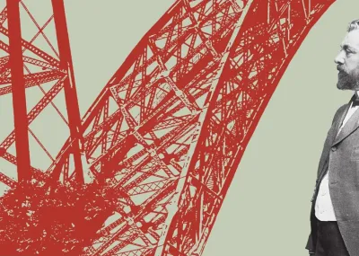 Visuel de l'exposition "Gustave Eiffel" composée d'une photographie en noir et blanc de l'ingénieur et d'une illustration de la tour Eiffel