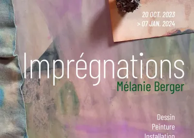 Affiche de l'exposition "Imprégnations" composée d'une photographie de feuilles peintes à l'aquarelle dans des tons verts et violets