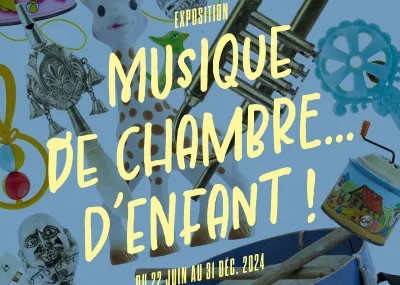 Affiche de l'exposition "Musique de chambre d'enfant" avec de nombreux jouets musicaux