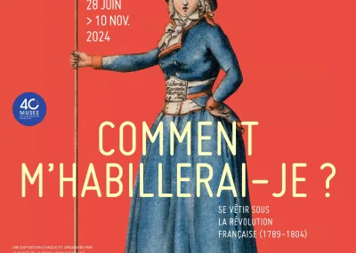Affiche de l'exposition "Comment m'habillerai-je" composée d'une illustration montrant une femme révolutionnaire tenant une pique gravée "liberté ou la mort" sur fond rouge