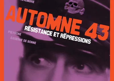 Affiche de l'exposition "Automne 43" composée d'un portrait de SS portant le képi nazi