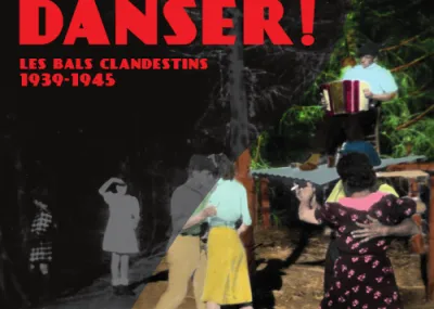 Affiche de l'exposition "Vous n'irez plus danser" composée d'une photographie de couples dansant lors d'un bal guinguette