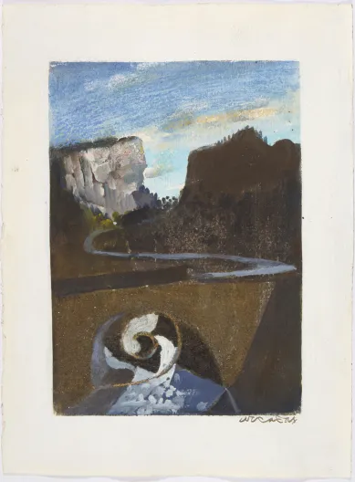 Tableau représentant un paysage sinueux dans des gorges de montagne, avec une turbine sous un pont © Avec l'aimable autorisation des ayants droits