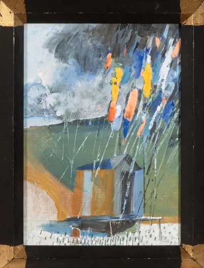 Tableau représentant une ondée colorée sur une cabande au bord d'un étang © Avec l'aimable autorisation des ayants droits