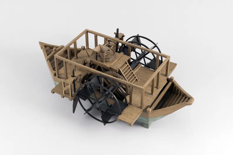 Moulin-bateau à roue pendante Modèle en bois, 1795-1805