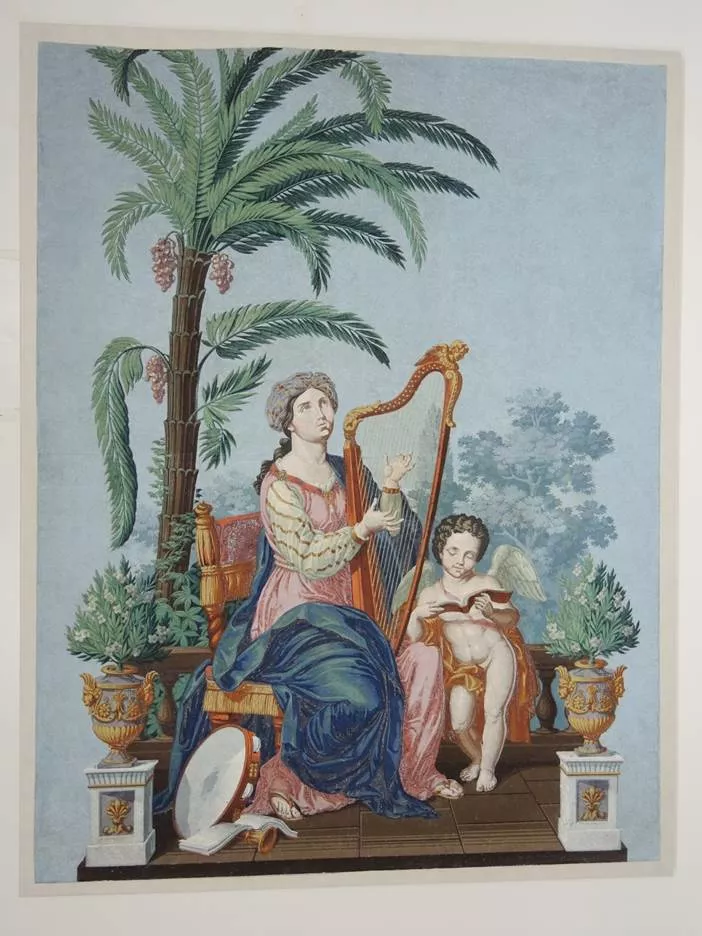 Dessus-de-porte en papier peint représentant Sainte Cécile, 1820-1830, maison à Saint-Martin-d’Uriage