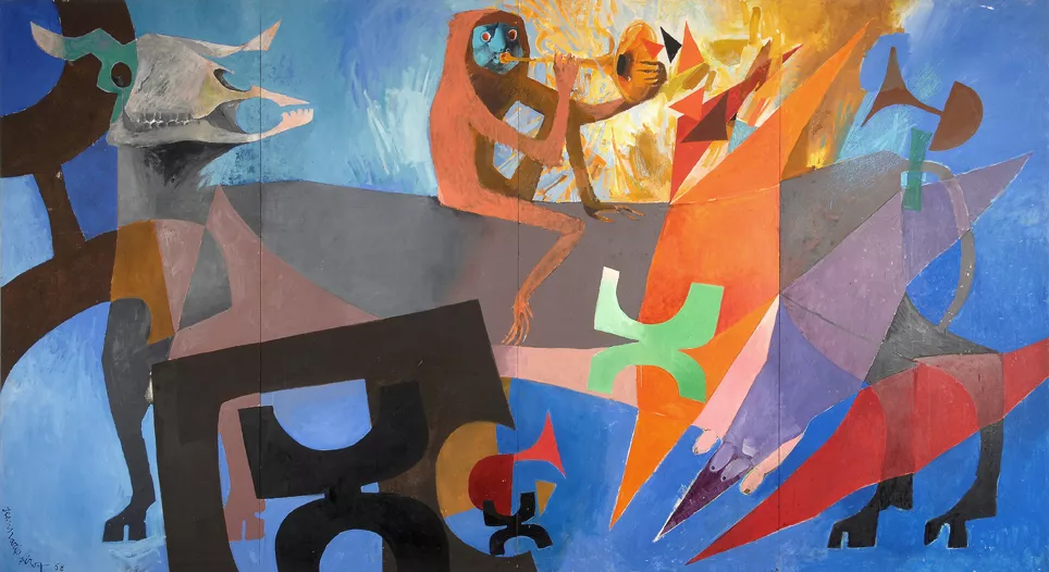 taureau-vache au quadruple pis, à la tête squelettique et au corps allongé avec un singe à califourchon, tourné vers l’arrière-train jouant de la trompette