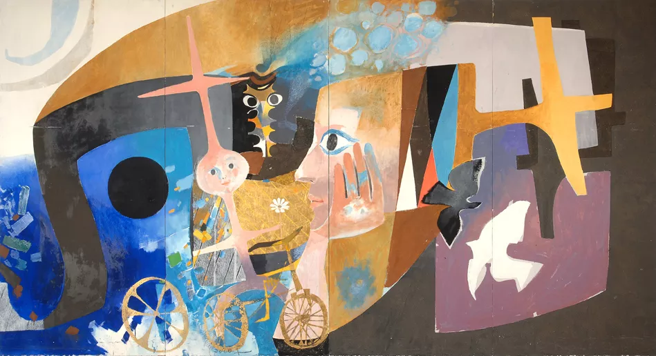 extraterrestre à bicyclette, deux colombes, une noire et une blanche et des formes abstraites