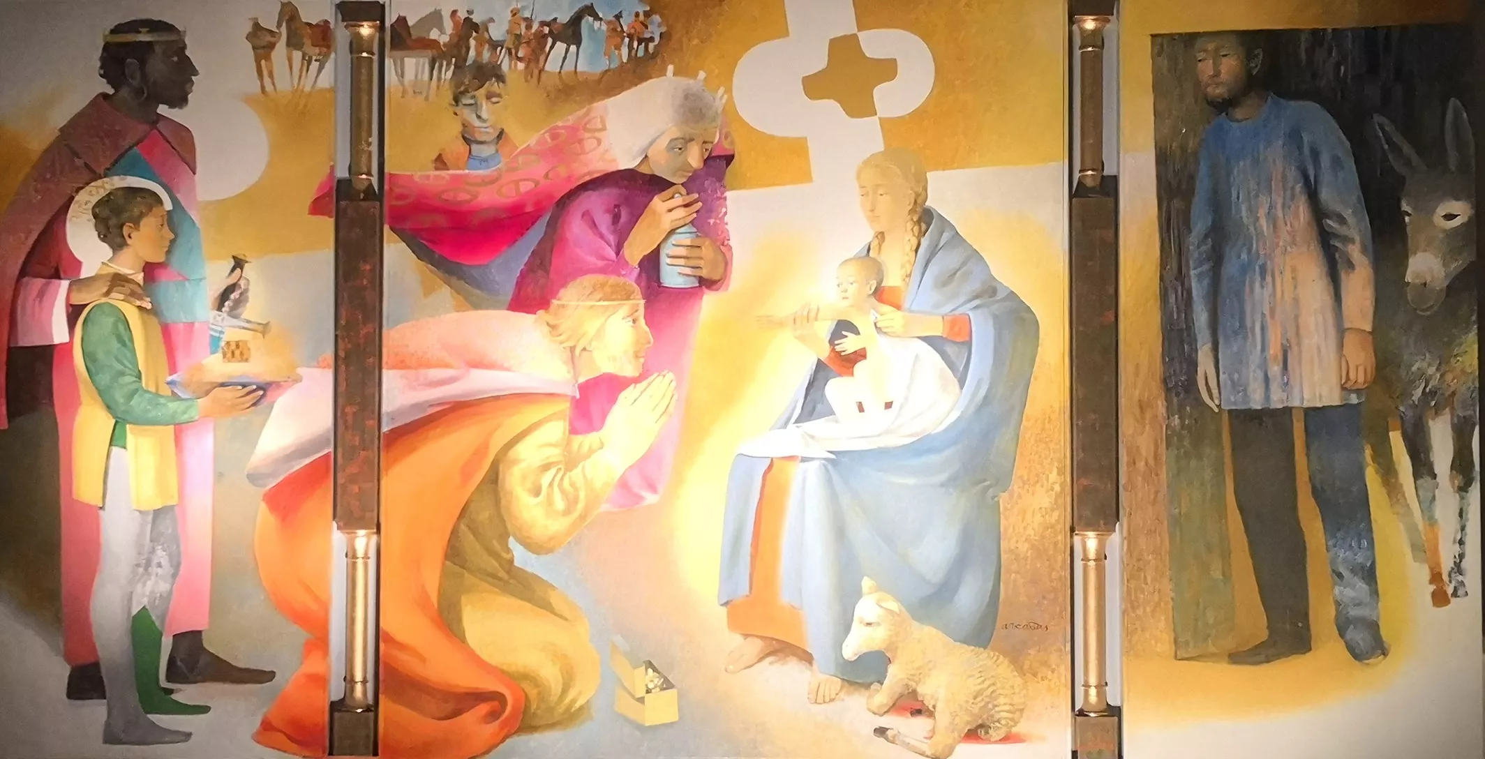 Oeuvre très colorée. Au centre, Marie est assise, et tient l'enfant Jésus sur ses genoux. Les trois rois mages viennent apporter des présents pour fêter la naissance de Jésus.