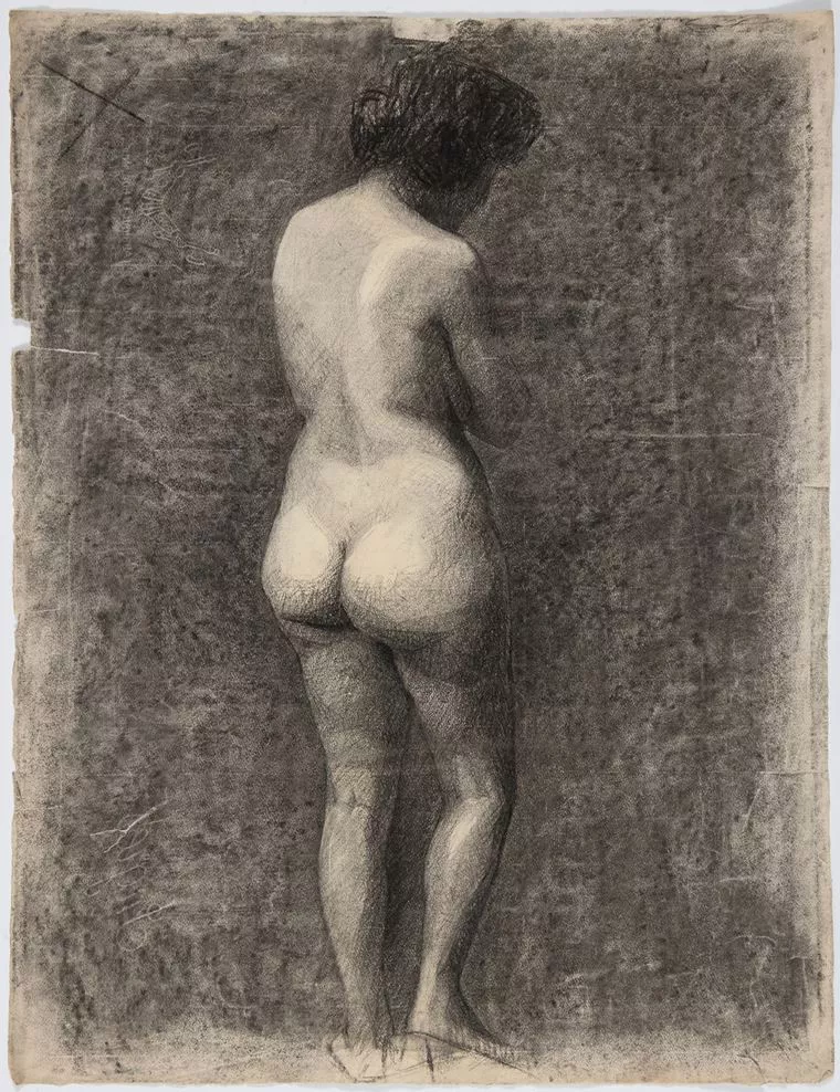 Dessin réalisé lors de ses études - Fonds Vernay-Garapont, coll. Musée de la Résistance et de la Déportation—Département de l’Isère Clichés : Denis Vinçon Dessin au fusain d'une femme nue de dos réalisé par Rose Valland
