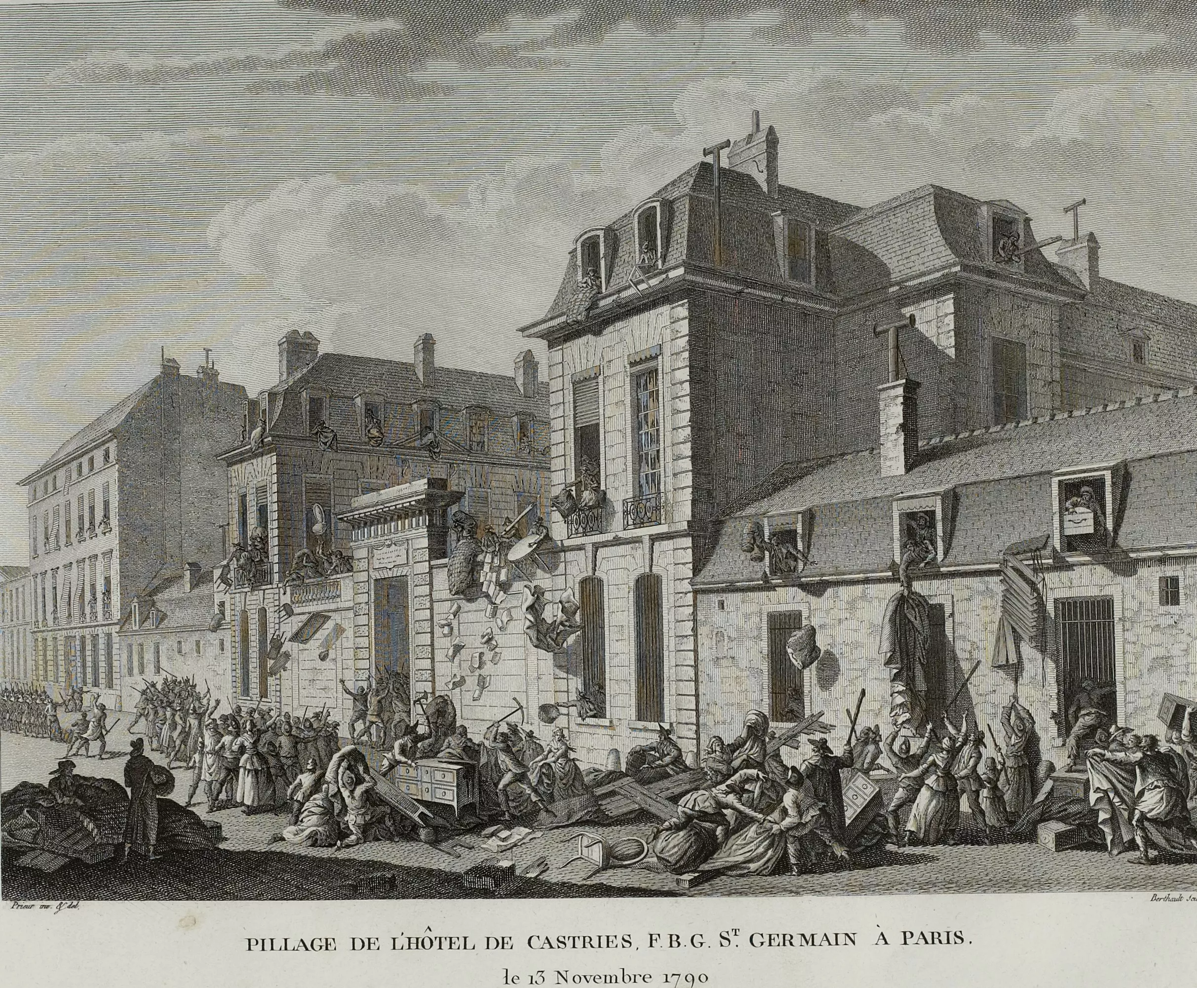 Estampe représentant le pillage d'un hôtel par une foule armée de bâtons pendant la Révolution française