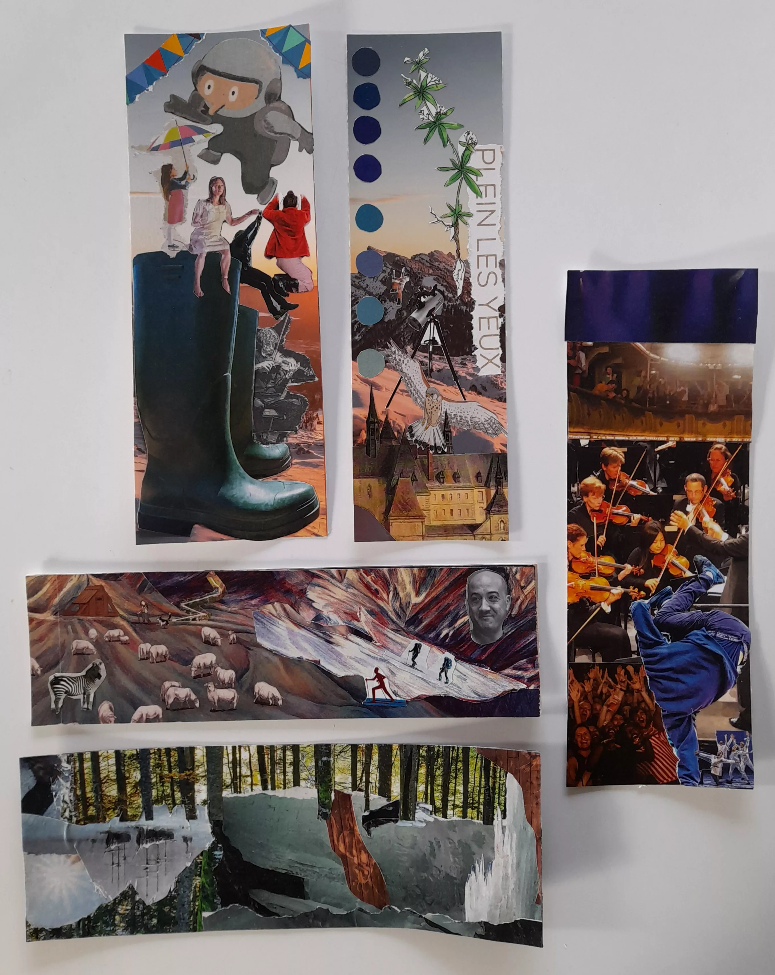 Collages artistiques mêlant photographies, illustrations et texte