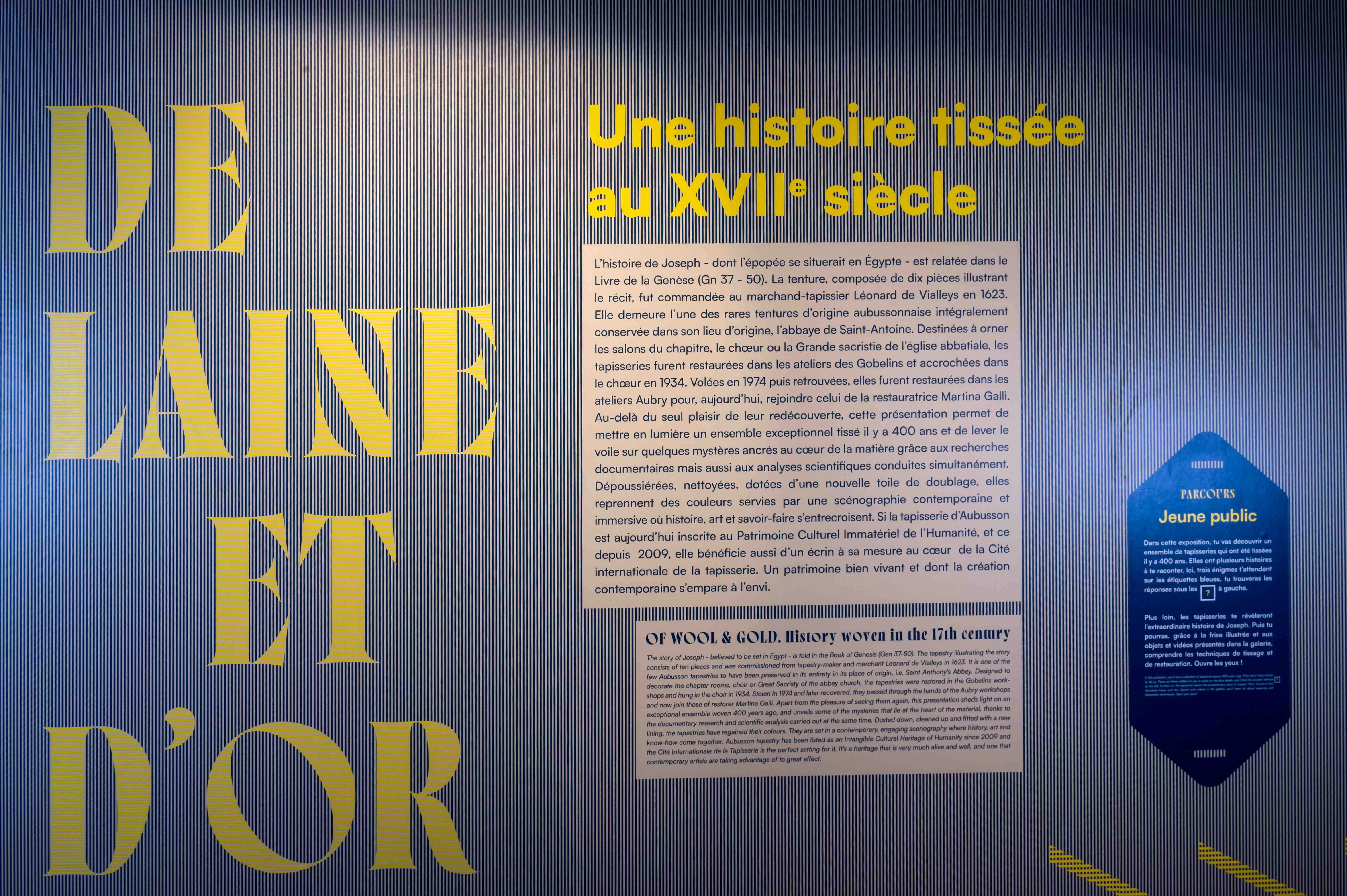 Panneau titre de l'exposition De laine et d'or. Présentation