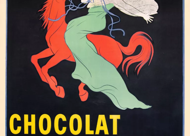 Chocolat Klaus, affiche de Leonetto Cappiello, 1903 © Leonetto Cappiello Une cavalière vêtue d'une robe blanche et verte galope sur un cheval rouge. Les personnages se détachent sur le fond noir. "Chocolat Klaus" se lit en lettres jaunes sous la cavalière et son destrier. La signature de Cappiello est placée en haut à gauche, elle aussi est jaune. © Leonetto Cappiello