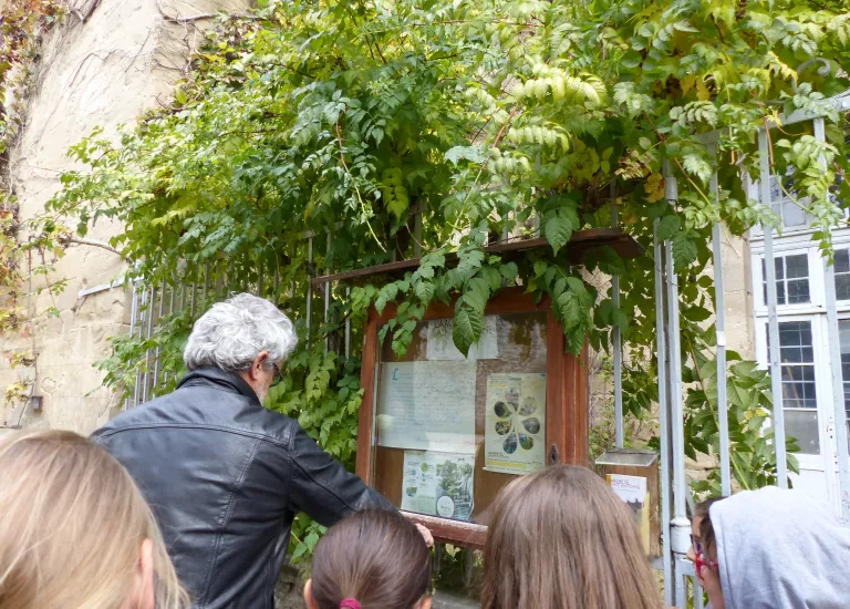 Aston Verz et les élèves sur le site abbatial © musée de Ssiant-Antoine-l'Abbaye