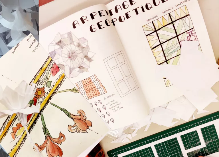 Dessins en couleur réalisées à partir des décors du musée : verrière, fleurs des papiers peints, mosaique © Maison Bergès