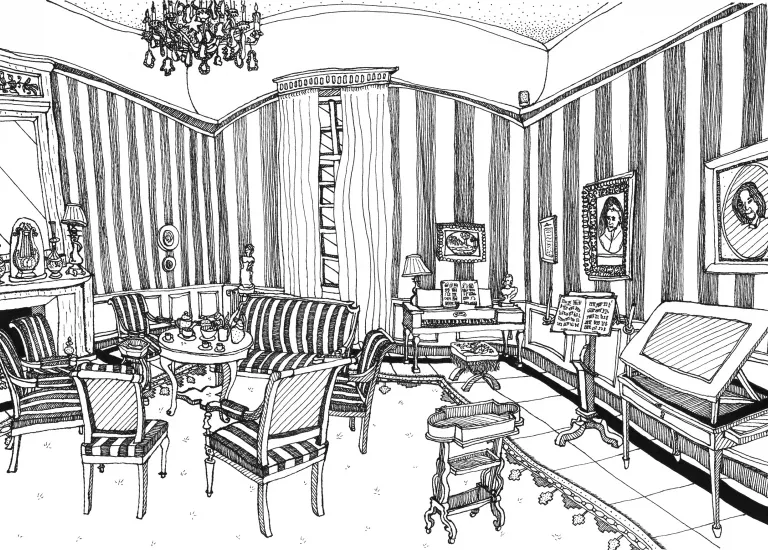 Salon d'Hébert © Dessin de Sarah Gautier (2022). Musée Hébert. Département de l'Isère Salon d'Hébert © Dessin de Sarah Gautier (2022). Musée Hébert. Département de l'Isère