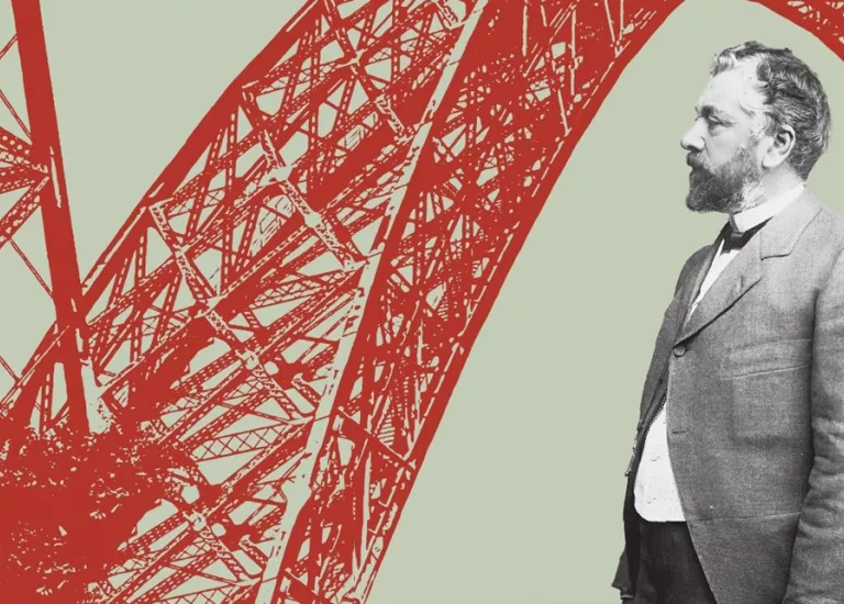 Visuel de l'exposition "Gustave Eiffel" composée d'une photographie en noir et blanc de l'ingénieur et d'une illustration de la tour Eiffel