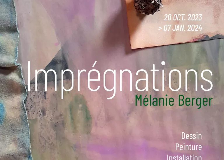 Affiche de l'exposition "Imprégnations" composée d'une photographie de feuilles peintes à l'aquarelle dans des tons verts et violets