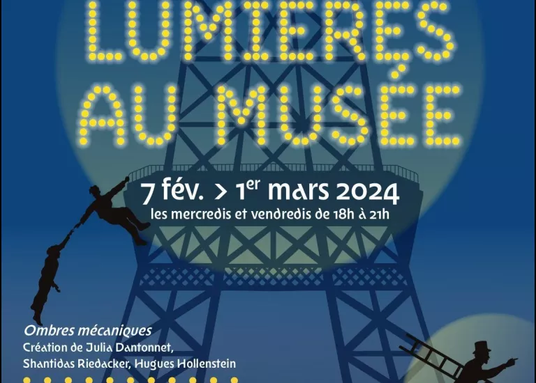 Affiche de l'évènement "Lumières au musée" composée d'une illustration de plusieurs personnages travaillant autour de la tour Eiffel de nuit © Ill. Julia Dantonnet. Graphisme J. J. Barelli et N. Gremeau-Tragni