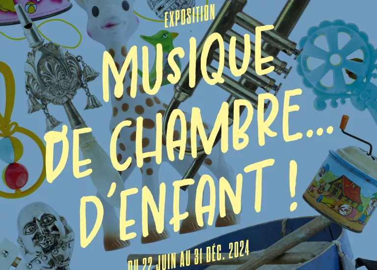 Musique de chambre... d'enfant ! Affiche de l'exposition "Musique de chambre d'enfant" avec de nombreux jouets musicaux