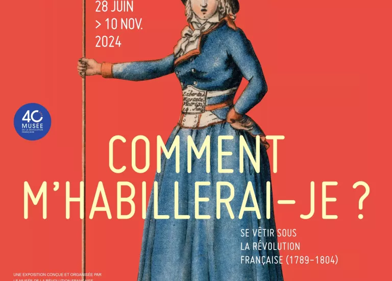 Affiche de l'exposition "Comment m'habillerai-je" composée d'une illustration montrant une femme révolutionnaire tenant une pique gravée "liberté ou la mort" sur fond rouge