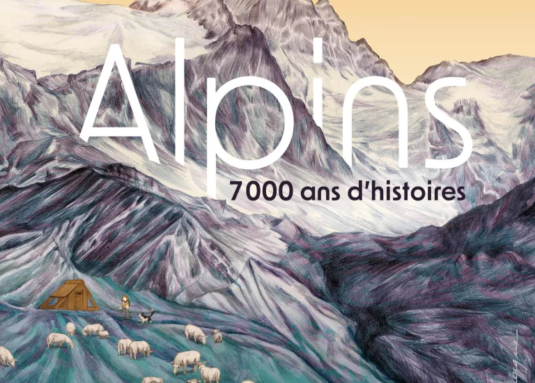 Affiche de l'exposition "Alpins, 7000 ans d'histoire" composée d'une illustration au crayon représentant un alpage au soleil couchant