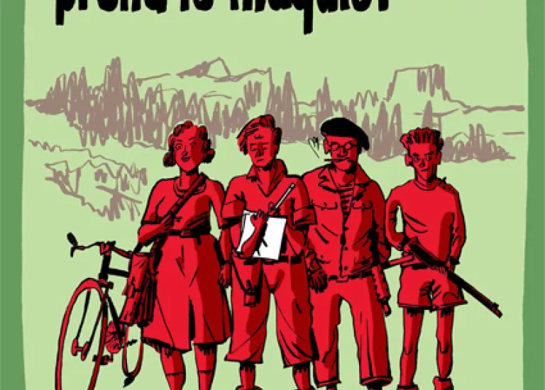 Affiche de l'exposition "La BD prend le maquis" composée d'une illustration de quatre jeunes résistants devant un paysage de montagne