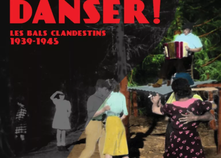 Affiche de l'exposition "Vous n'irez plus danser" composée d'une photographie de couples dansant lors d'un bal guinguette