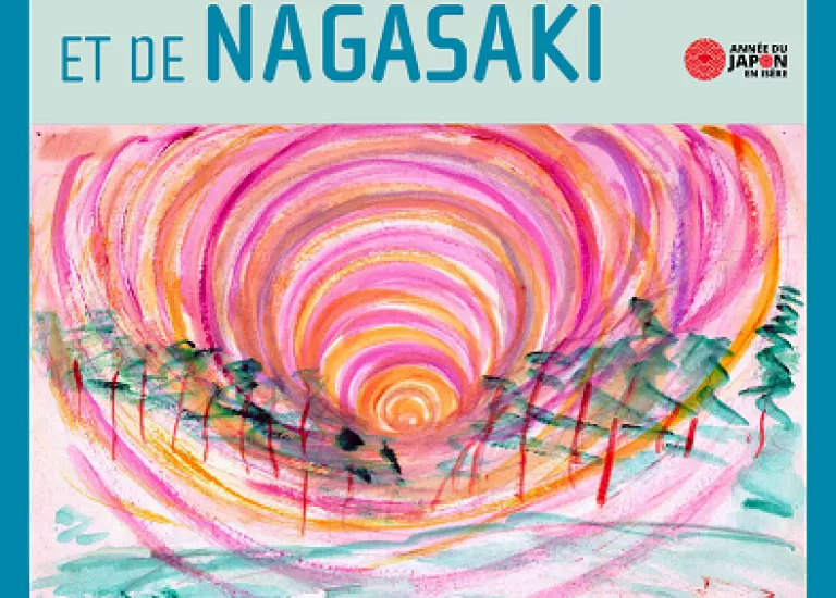 Affiche de l'exposition "Hibakusha, dessins des survivants de Hiroshima et de Nagasaki" composée d'une illustration abstraite dans des tons roses et verts