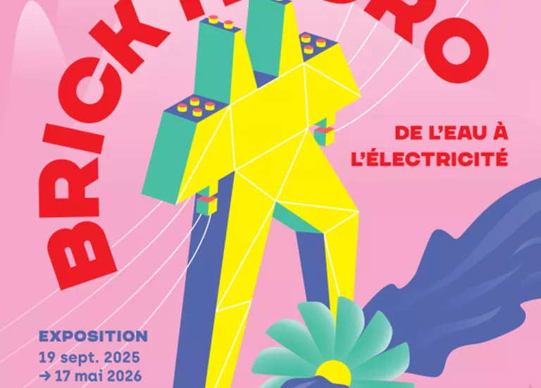 Affiche de l'exposition temporaire. Brick hydro. De l'eau à l'électricité Pylône grimpant les pieds dans l'eau