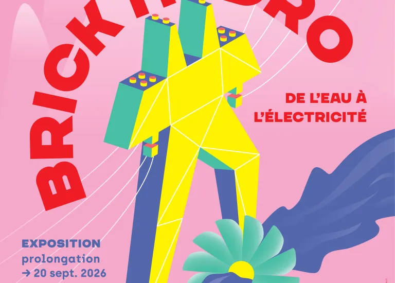 Pylône grimpant les pieds dans l'eau © Maison Bergès, graphisme et illustration : atelier Domino