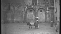 G.Hébert, Paysanne italienne avec un âne traversant une place un panier sur la tête, Anagni, 1891