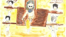 Dessin d'enfant de 10-12 ans sur la thématique de l'Égypte (pharaon transporté sur une chaise à porteurs)