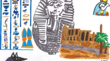 Dessin d'enfant de 10-12 ans sur la thématique de l'Égypte (hiéroglyphes, temple, dieux)