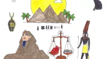 Dessin d'enfant de 10-12 ans sur la thématique de l'Égypte (sphynx, pyramides, dieux et déesses)