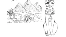 Dessin d'enfant de 10-12 ans sur la thématique de l'Égypte (hiéroglyphes, pyramides, déesse chatte)