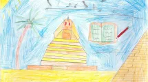 Dessin d'enfant de 10-12 ans sur la thématique de l'Égypte (sphynx, hiéroglyphes, pyramide)