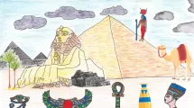 Dessin d'enfant de 10-12 ans sur la thématique de l'Égypte (sphynx, pyramide, symboles égyptiens)