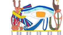 Dessin d'enfant de 10-12 ans sur la thématique de l'Égypte (oeil d'Horus, animaux stylisés)