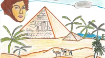 Dessin d'enfant de 10-12 ans sur la thématique de l'Égypte (Champollion, pyramides, palmiers)